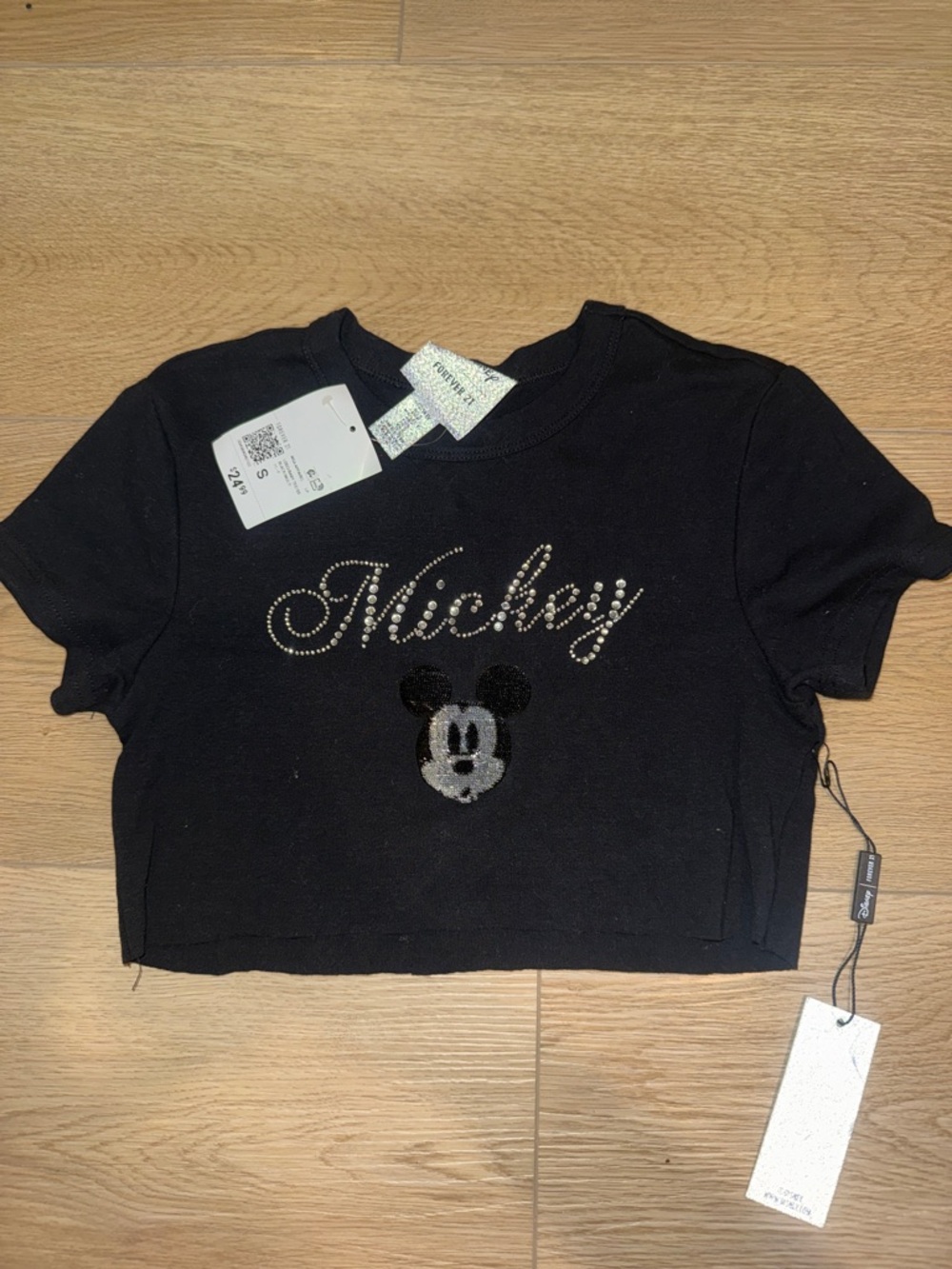 Disney Black Womens Rhinestone 'Mickey' Crop Tee